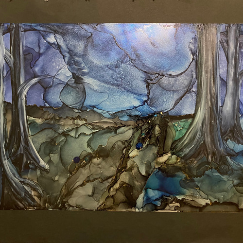 No.57 アルコールインクアート 原画 A3サイズ 絵 絵画 木 土 空 星 道