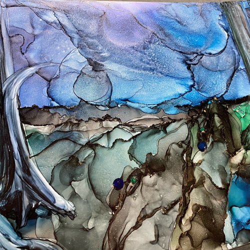 No.57 アルコールインクアート 原画 A3サイズ 絵 絵画 木 土 空 星 道