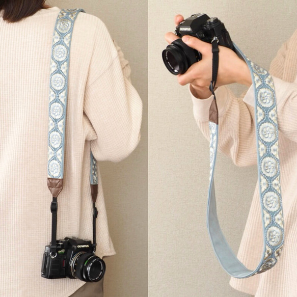 【ミスティブルー】カメラストラップ　インド刺繍　フォト　ミラーレス一眼　おしゃれ　可愛い　爽やか　水色 8枚目の画像