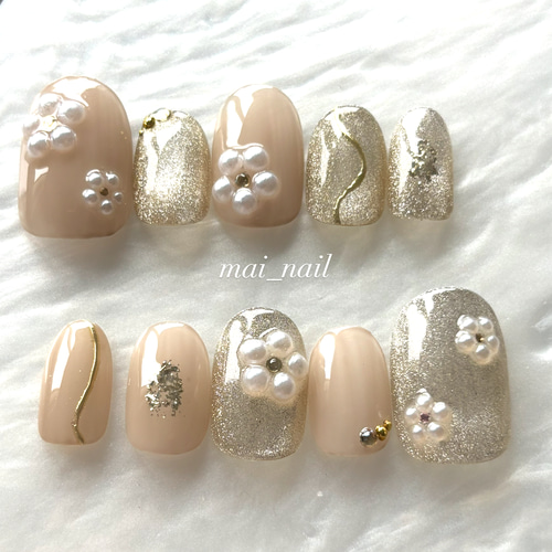 サイズオーダー　ネイルチップ　フラワーネイル　マグネット　ベージュ　キラキラ サイズオーダー ネイルチップ フラワーネイル マグネット