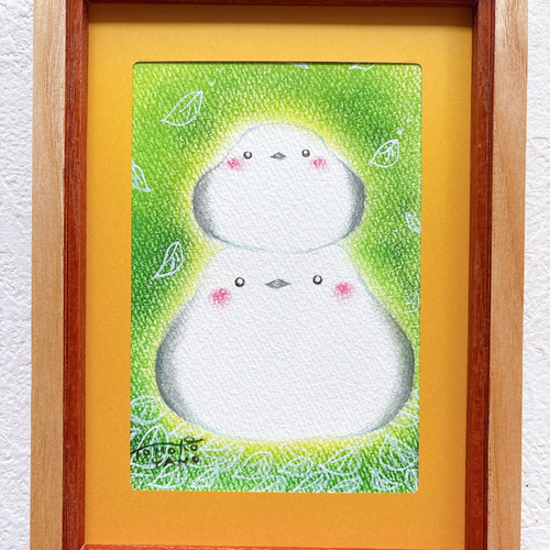一点物原画】親子シマエナガの絵 パステル画のやさしい絵 玄関