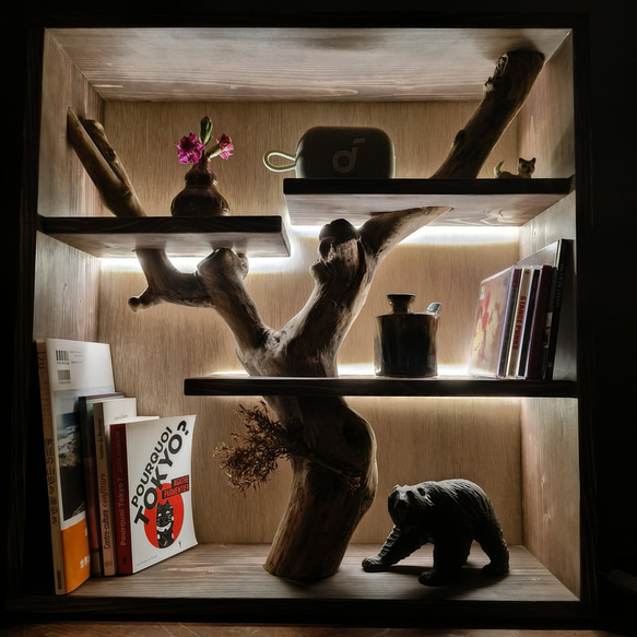 枝の棚 流木 本棚 シェルフ LEDライト 付き 無垢材 絵本棚 置物用棚 棚