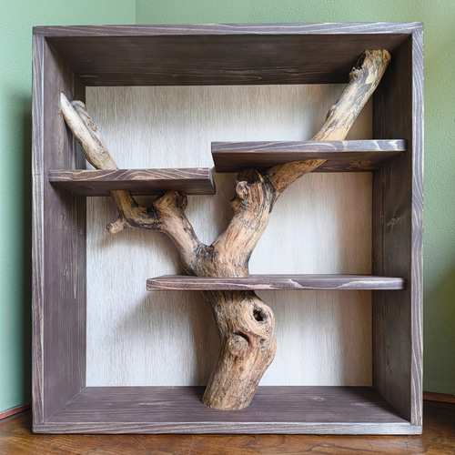 枝の棚 流木 本棚 シェルフ LEDライト 付き 無垢材 絵本棚 置物用棚 棚