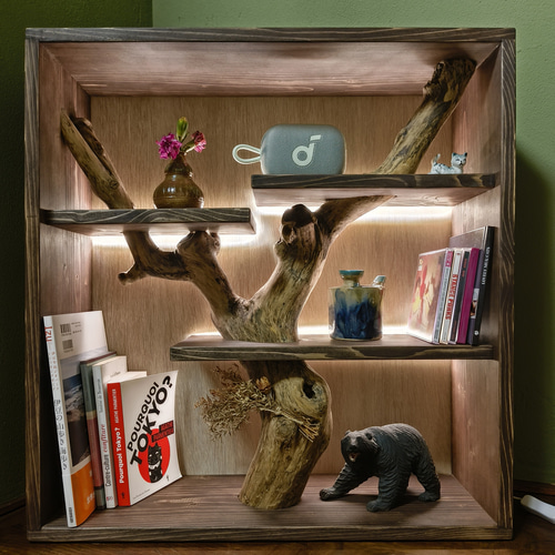 枝の棚 流木 本棚 シェルフ LEDライト 付き 無垢材 絵本棚 置物用棚 棚