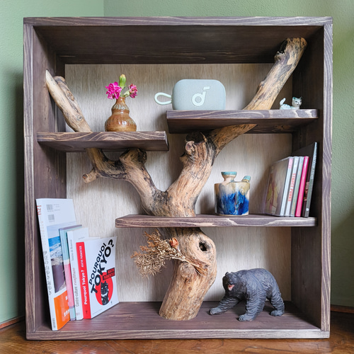 枝の棚 流木 本棚 シェルフ LEDライト 付き 無垢材 絵本棚 置物用棚 棚