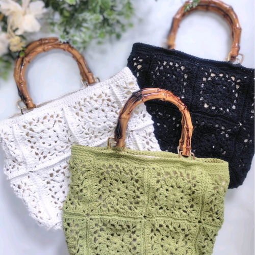バンブーハンドル風花模様モチーフ編みミニトート バッグ ハンドバッグ