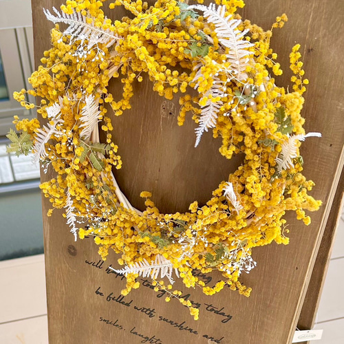 ミモザのドライフラワーリース プリザーブドフラワー happiness