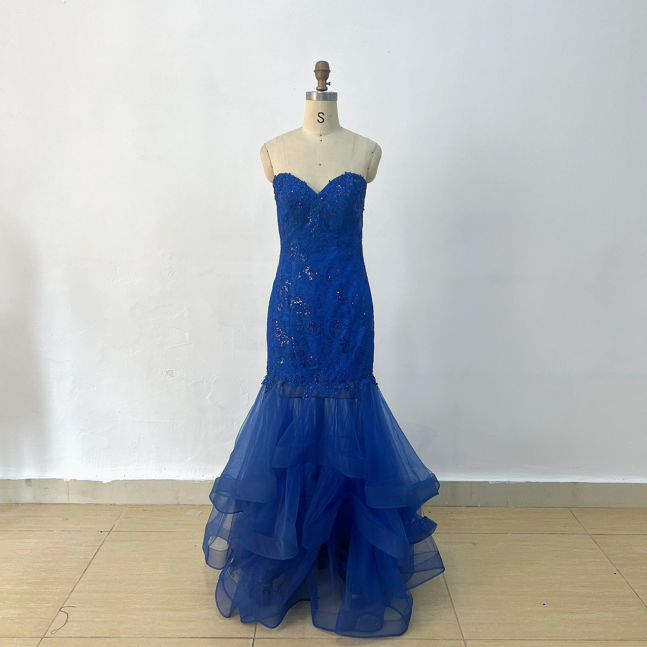 宝石色　ブルー　鮮やか　カラードレス　ロング　ラッフルスカート　チャック　サイズオーダー可能　スパコール　キラキラ　花嫁