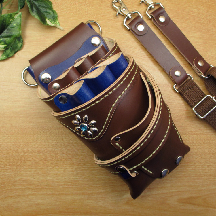 本革　６丁差し フラワースタッズ  シザーケース (ブラウン×ネイビー）　SCA-235/CBA