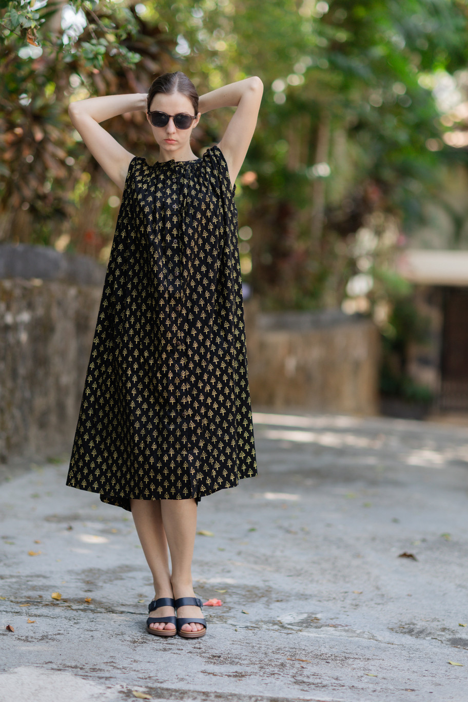 <ボイルコットン/ハンドブロックプリント>ギャザーボタンワンピース