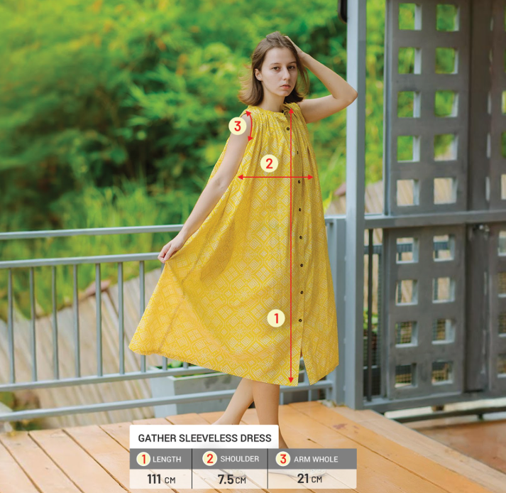 <ボイルコットン/ハンドブロックプリント>ギャザーボタンワンピース
