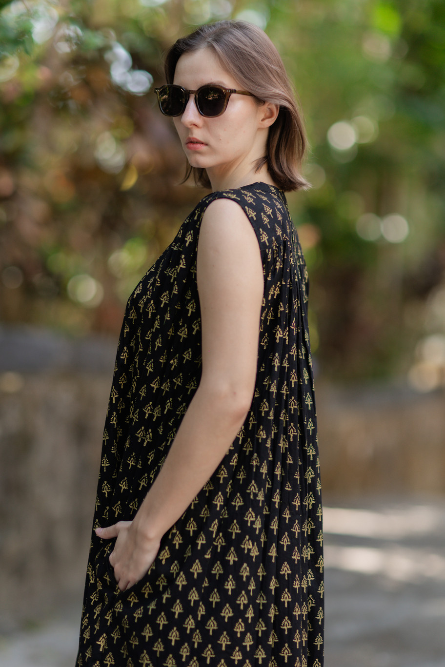 <ボイルコットン/ハンドブロックプリント>ギャザーボタンワンピース