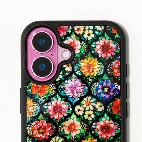 天然貝 螺鈿アート【iPhone/Galaxy対応】 花の幾何学デザイン ｜HQ スマホケース・マグセーフ 変更対応 4枚目の画像