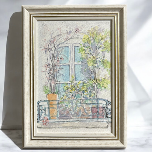 パステル画 「パリ朝暘」 アパルトマンの窓辺(フランス、パリ、透明水彩、原画、写真立て付き