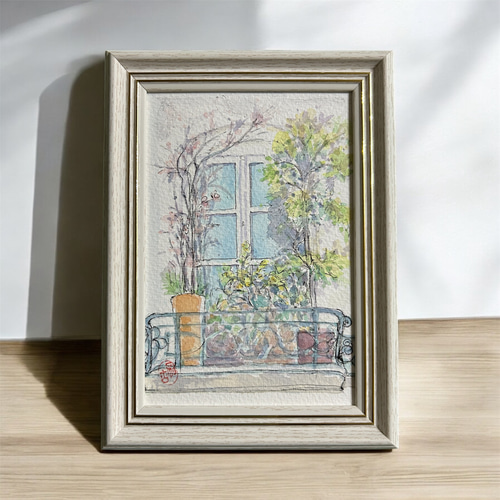 アパルトマンの窓辺(フランス、パリ、透明水彩、原画、写真立て付き