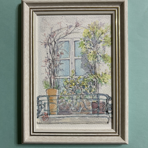 アパルトマンの窓辺(フランス、パリ、透明水彩、原画、写真立て付き