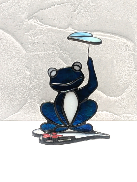 ステンドグラス、葉っぱの傘と雨の日カエル（小）、蛙の置物