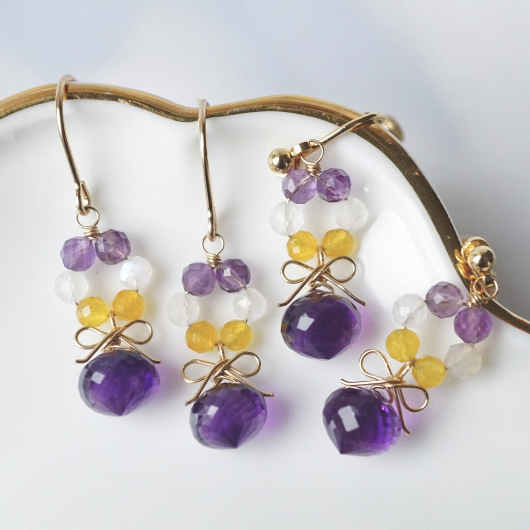 「ビオラの花束」ピアス イヤリング アメジスト ムーンストーン 春 リボン 天然石 誕生石 ゴールド 14kgf