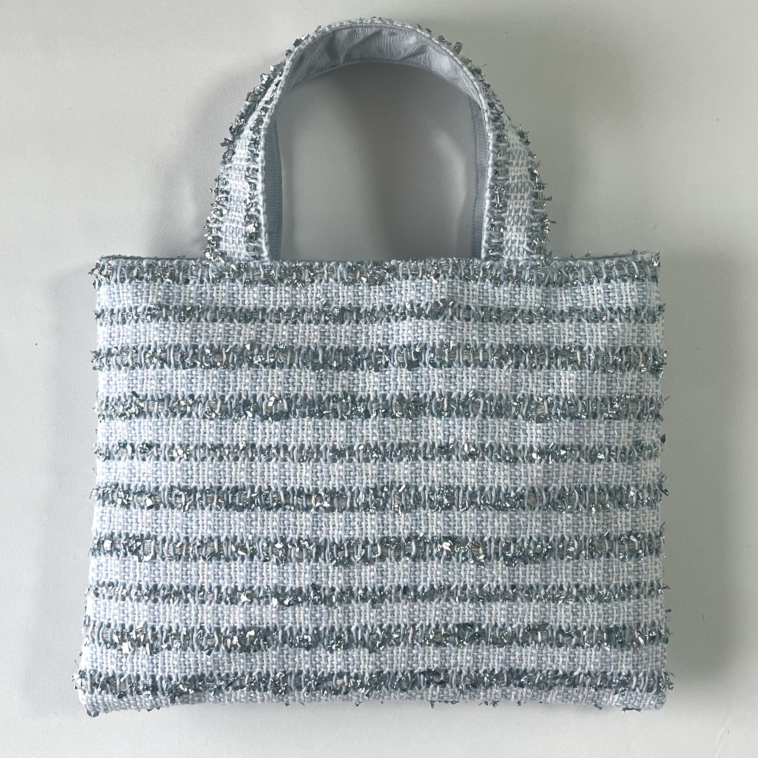 リントンツイードSサイズマチなしミニトートバッグパステル水色×白×メタリック