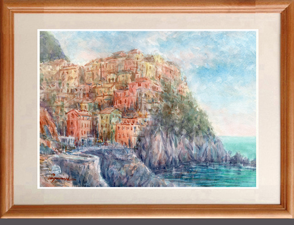 日本全国送料無料商品 | 特集 | 水彩画原画 断崖に立つマナローラの街・イタリア ＃664 絵画 絵画+タペストリー