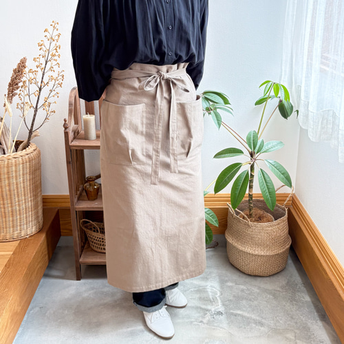 ギャルソンエプロン（80cm丈）カフェスタイルの腰巻きコットンエプロン