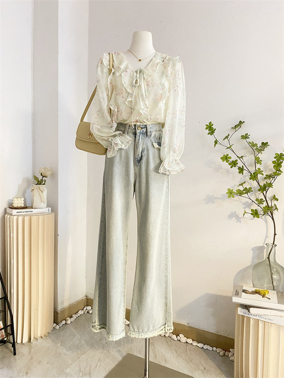 フレンチ花柄シフォンブラウス長袖シャツブラウス秋のデザイン感減齢