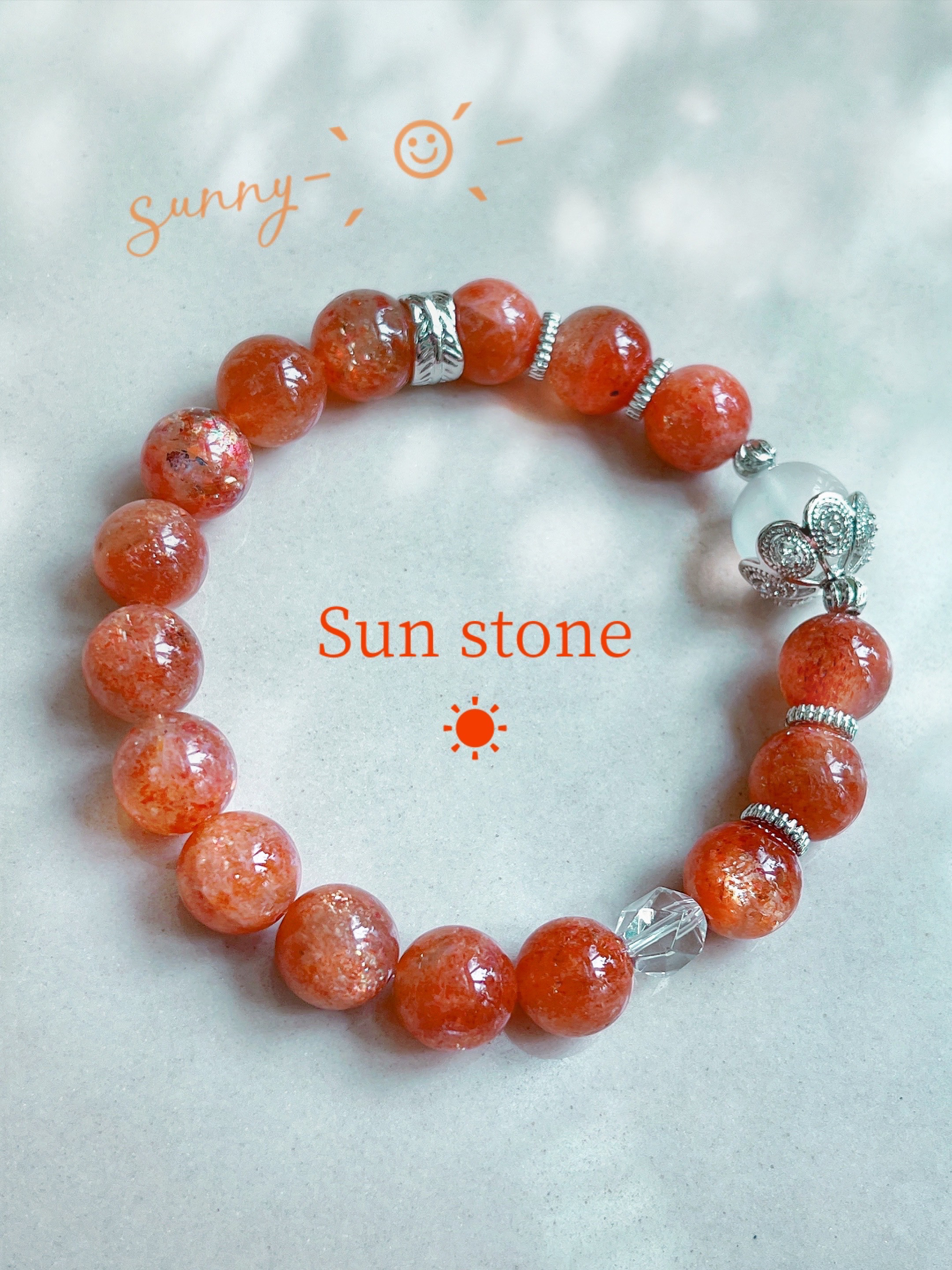 【サンストーン　エンジェルフェザー水晶】サンストーンブレスレット　エンジェルフェザー水晶ブレスレット　水晶ブレスレット