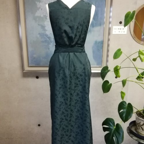 【日本製】S~3L ジャガード織 深緑 茶道お稽古用エプロン127100-70 日本製】S~3L 小花柄ジャガード織 深緑 茶道お稽古用エプロン