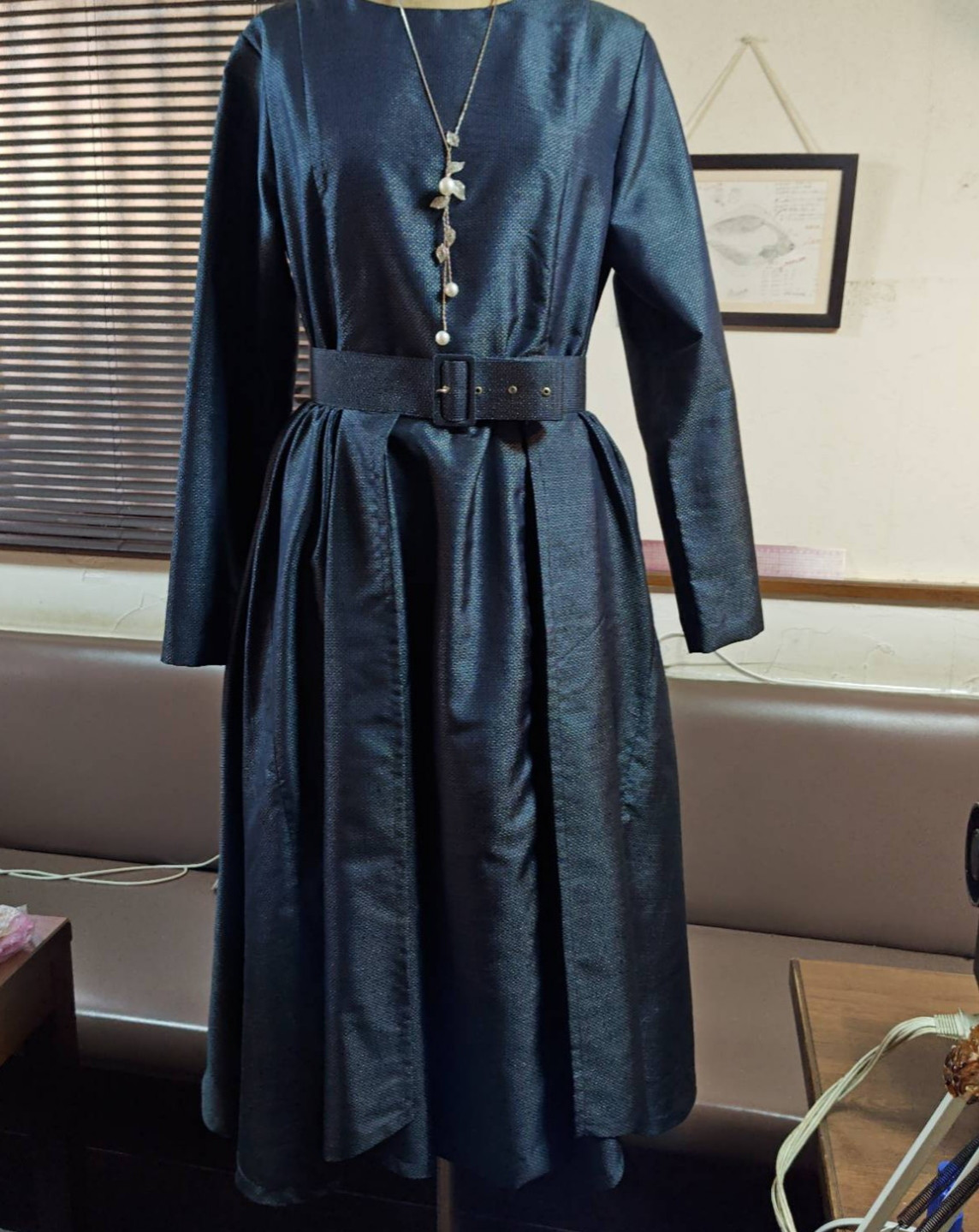 大島紬　着物リメイク　ワンピース　オーバースカート付き