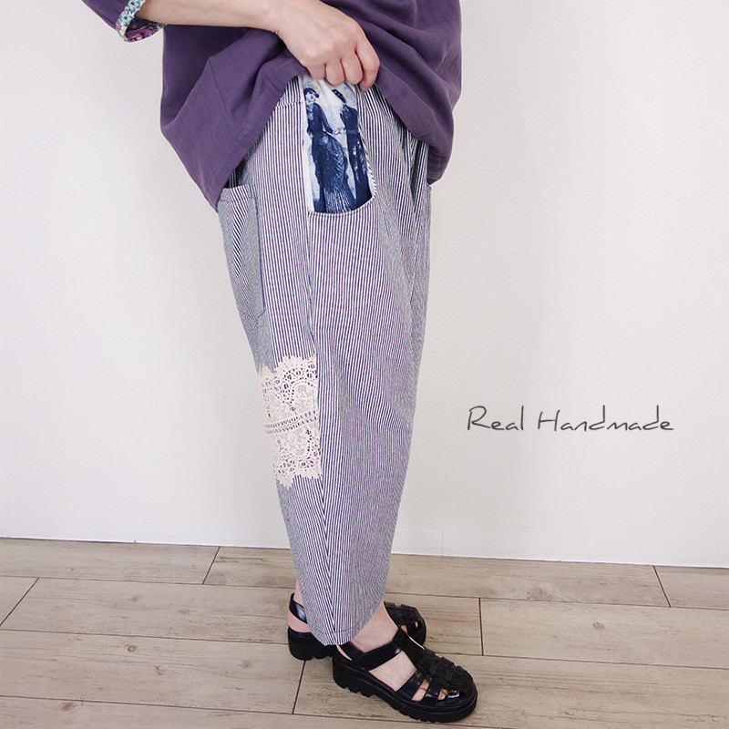 ラスト！[予約販売] ヒッコリー、貴婦人とレースのゆるテーパードパンツ〈ヨーロピアンテイスト〉