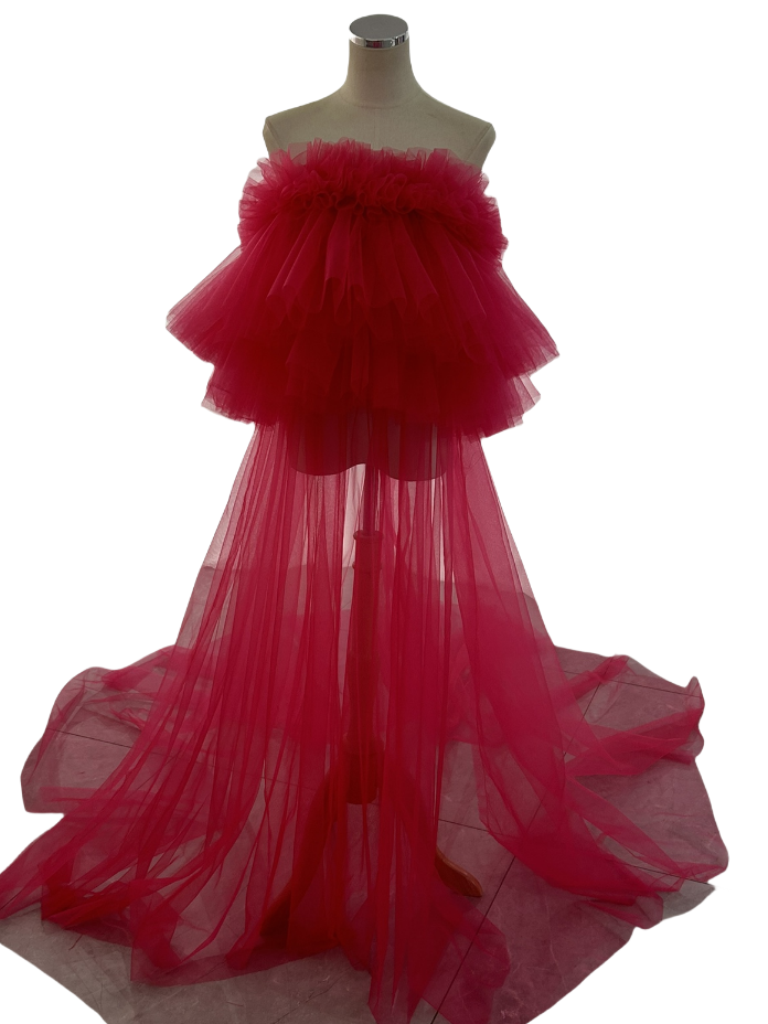 カラードレス オーバードレス ローズピンク ベアトップ ロングトレーン プリンセスライン 結婚式