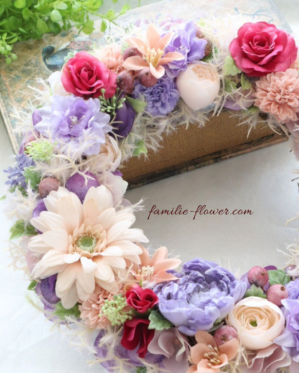 造花リース｜アーティフィシャルフラワー｜ガーベラが可愛い｜ピンクのミニバラ｜結婚祝い 還暦祝い｜造花フラワーギフト 3枚目の画像