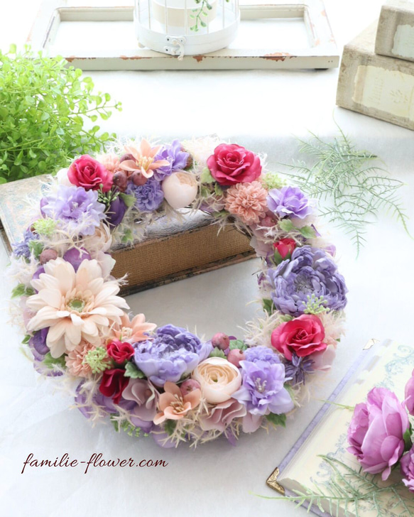 造花リース｜アーティフィシャルフラワー｜ガーベラが可愛い｜ピンクのミニバラ｜結婚祝い 還暦祝い｜造花フラワーギフト 1枚目の画像