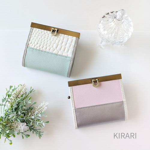 お札が折らずに入る本革ミニ財布/くすみバイカラー／ピンク