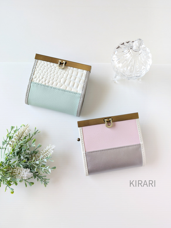 お札が折らずに入る本革ミニ財布/くすみバイカラー／ピンク
