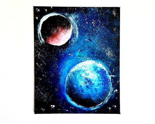 青と黒の宇宙の油彩画27cm25cm 4722aab6d4b16604417013be935e95