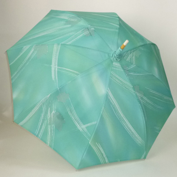 【ハンドルが選べる】青豆色濃淡ぼかしの紗　ドロンワーク入りの優美な長日傘　共布傘袋付