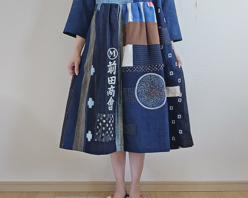 着物リメイク 手作り BORO (襤褸) パッチワーク ワンピース ワンピース