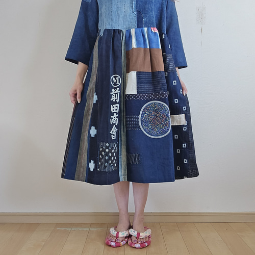着物リメイク 手作り BORO (襤褸) パッチワーク ワンピース ワンピース