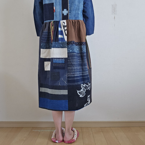 着物リメイク 手作り BORO (襤褸) パッチワーク ワンピース ワンピース