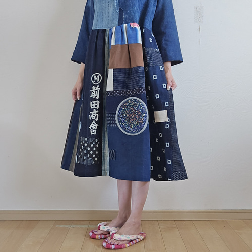 着物リメイク 手作り BORO (襤褸) パッチワーク ワンピース ワンピース