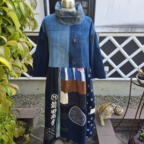 着物リメイク 手作り BORO (襤褸) パッチワーク ワンピース ワンピース