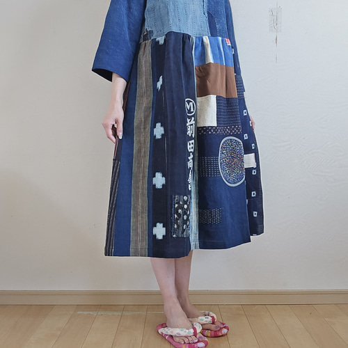 着物リメイク 手作り BORO (襤褸) パッチワーク ワンピース ワンピース