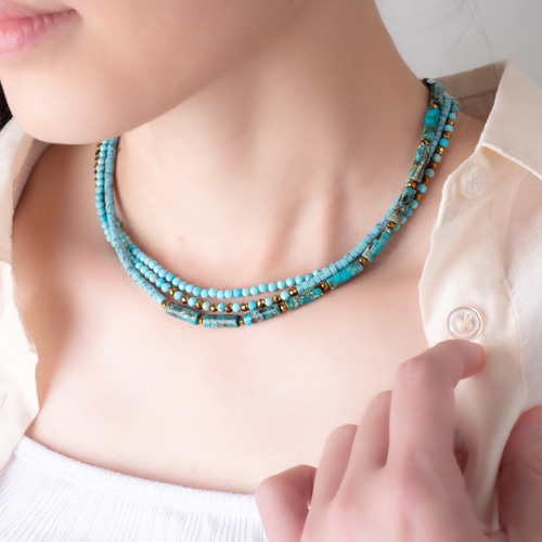 ターコイズビーズネックレスとペンダントセット ターコイズ×ゴールドの3連ネックレス 大人の夏アクセ・チョーカーにも