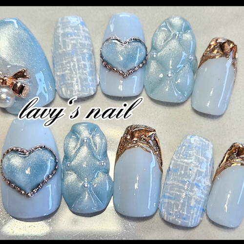 パステルブルーマグネット ぷっくりハートツイードガラスフレンチ