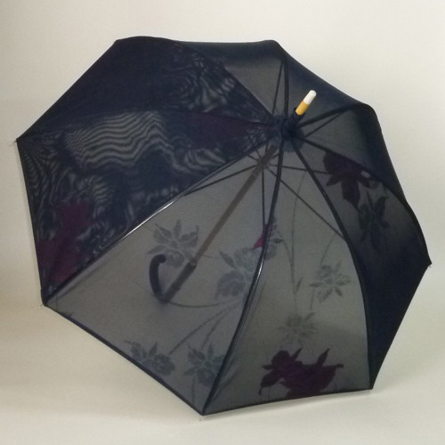 【ハンドルが選べる】紺地の紗　大輪のカトレア地紋の優美な長日傘　共布傘袋付