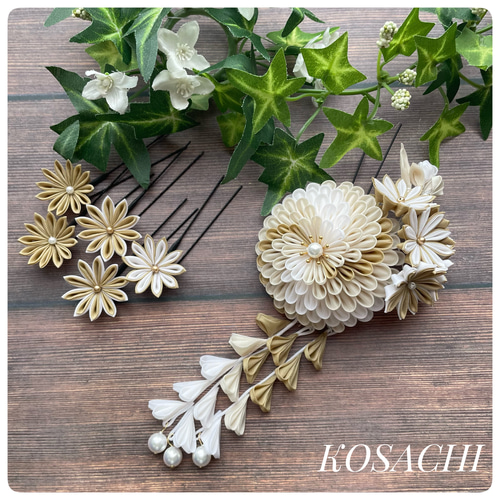 つまみ細工髪飾り 白×金茶グラデーション ヘッドドレス（アクセサリー
