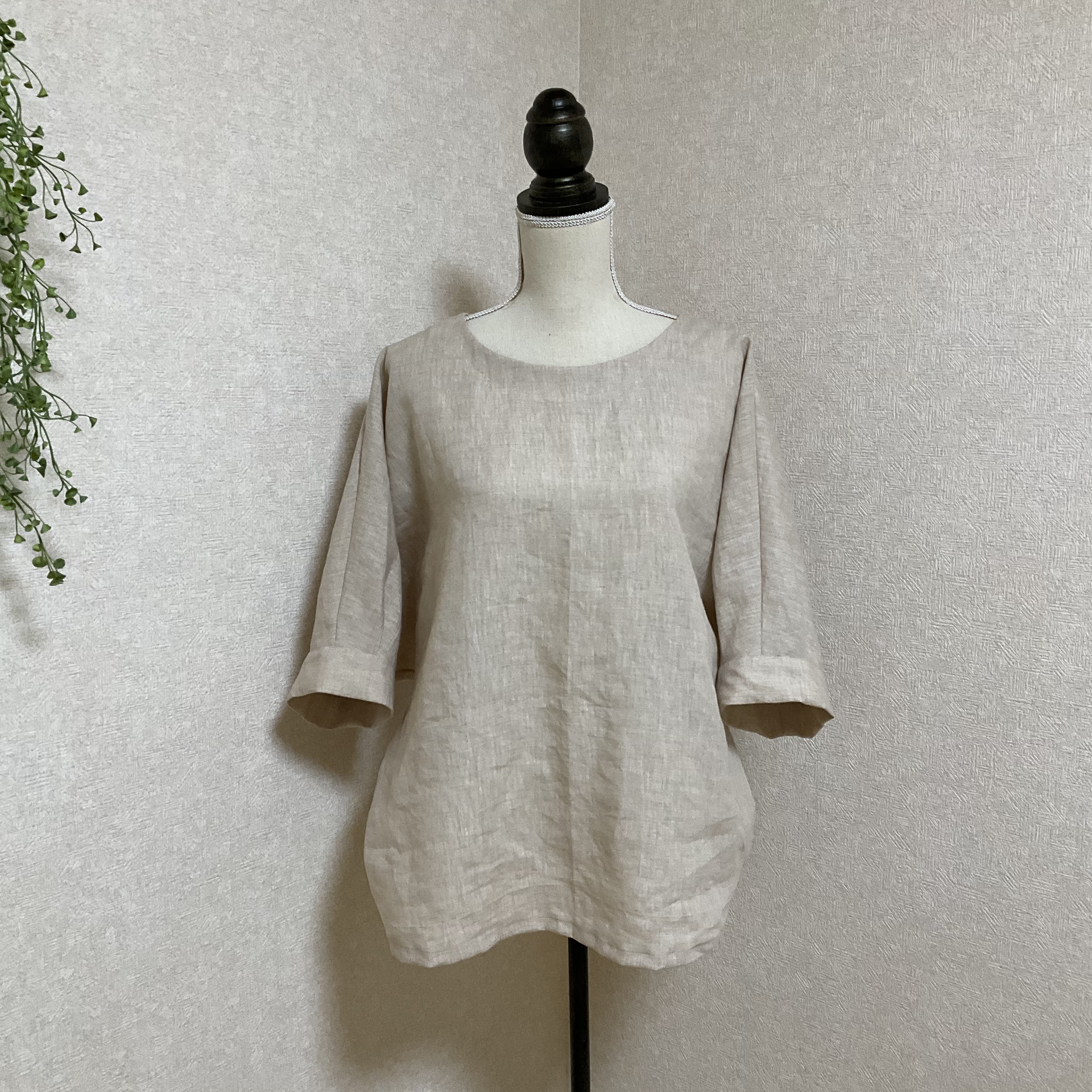 リネン100%カフスドルマンプルオーバー 薄ベージュ