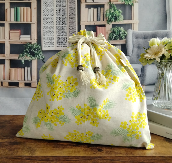 春風に舞うミモザのかごバッグ用インナー袋/Ｍサイズ 1枚目の画像