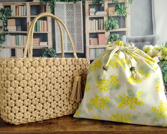 春風に舞うミモザのかごバッグ用インナー袋/Ｍサイズ 2枚目の画像